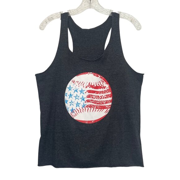 Patriotic Baseball Graphic Tank Top Womens Medium Gray Racerback Flag - Picture 1 of 7